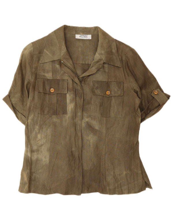 Camicetta camicia a maniche corte da donna vintage UK 12 seta media color kaki tie-dye