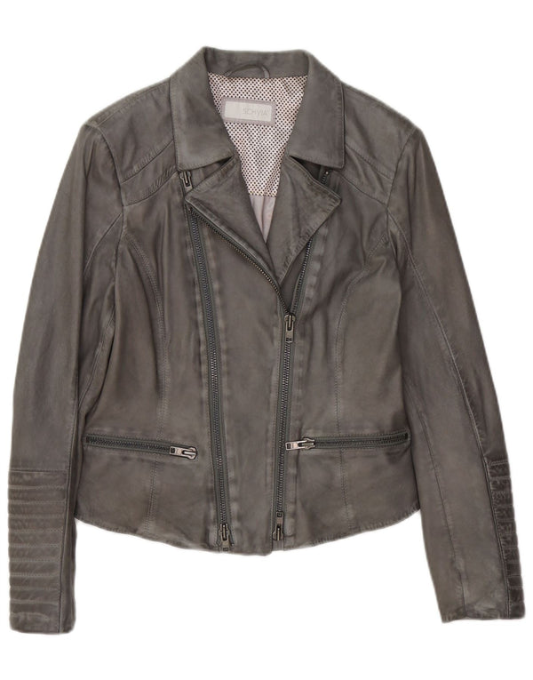 Giacca da motociclista in pelle da donna vintage UK 12 Pelle grigio medio