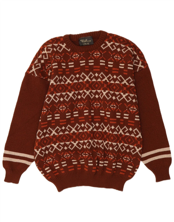 POPLAR WOOLLENS Mens Crew Neck Jumper Sweater Medium Brown Fair Isle