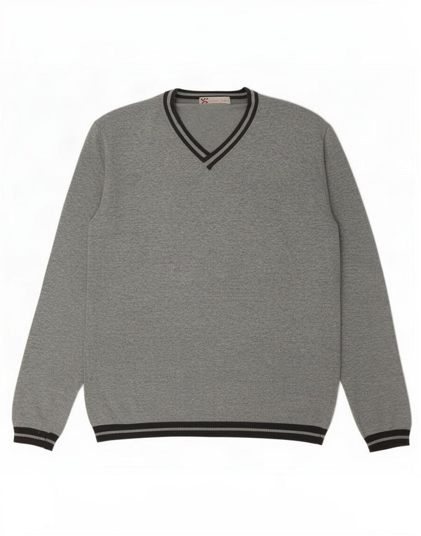 Maglione Zara da uomo con scollo a V, grande, in cotone color block grigio