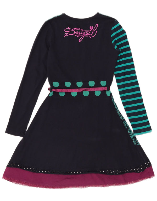 Desigual Vestito a trapezio per bambina a maniche lunghe 9-10 anni Blu navy floreale Cotone