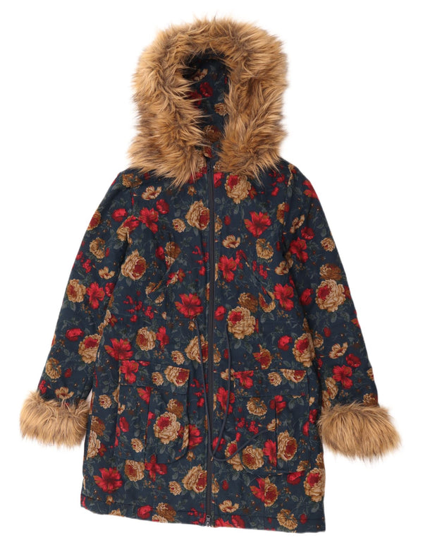 Giacca Parka con cappuccio da donna Joe Browns UK 10 piccolo cotone floreale blu