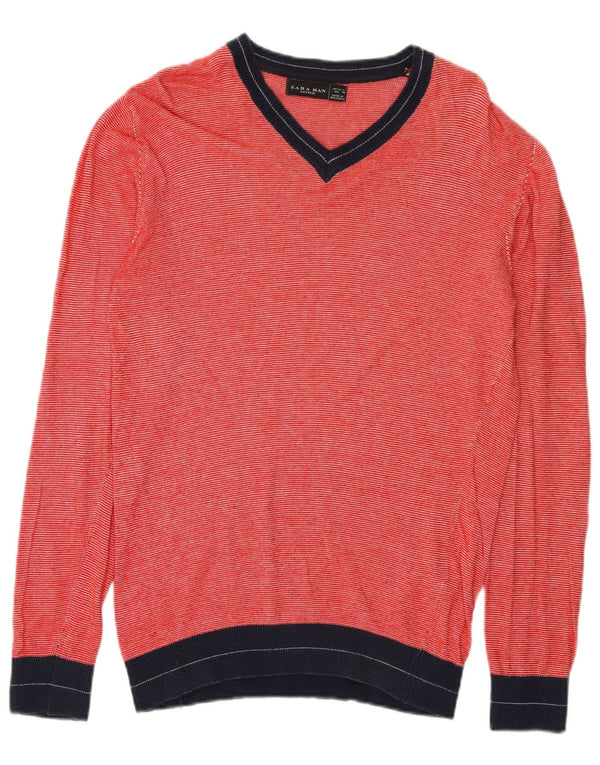 Maglione Zara da uomo con scollo a V grande rosso in viscosa color block