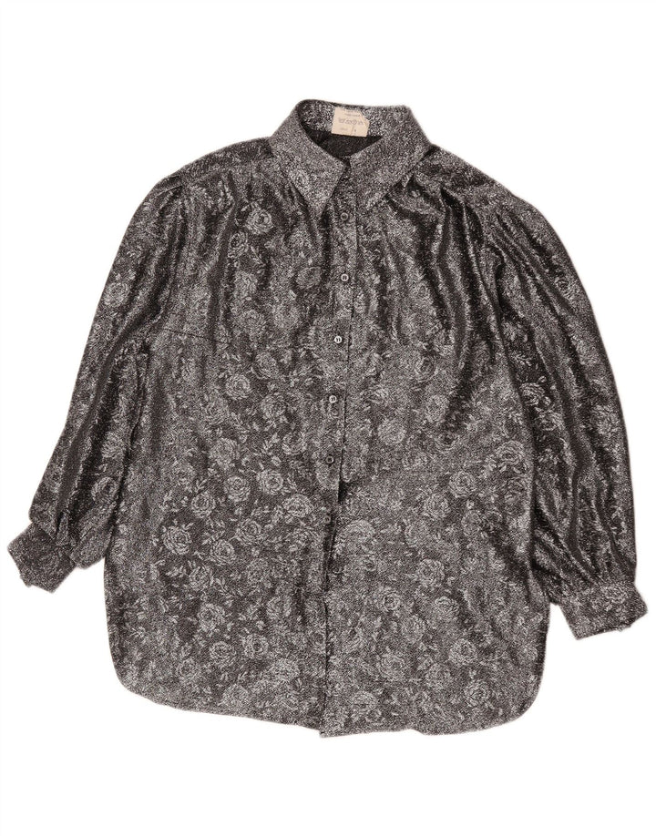 Camicia ampia da donna vintage EU 42 grande poliestere floreale argento