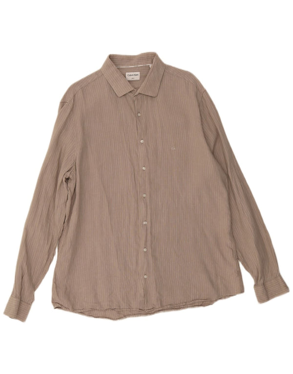 Calvin Klein Mens Slim Fit Shirt Size 44 XL Beige Striped Linen