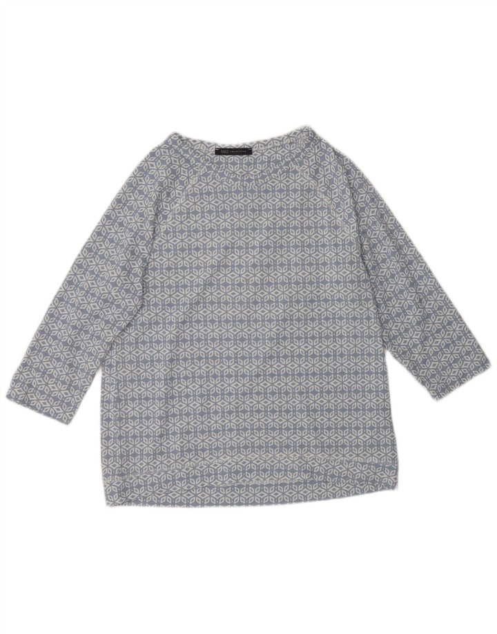 MARKS & SPENCER Top da donna manica 3/4 UK 12 Blu medio geometrico