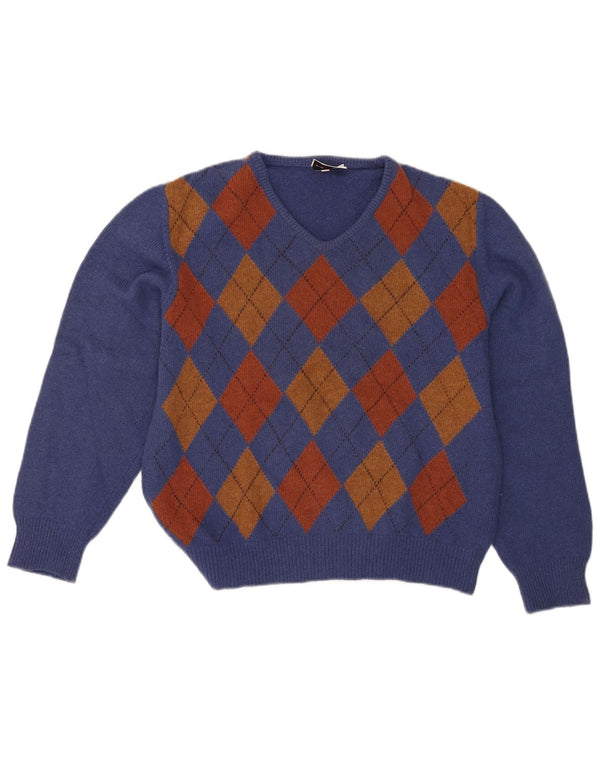 Maglione da donna con scollo a V Mazzonetto UK 12 Blu medio Argyle/Diamante