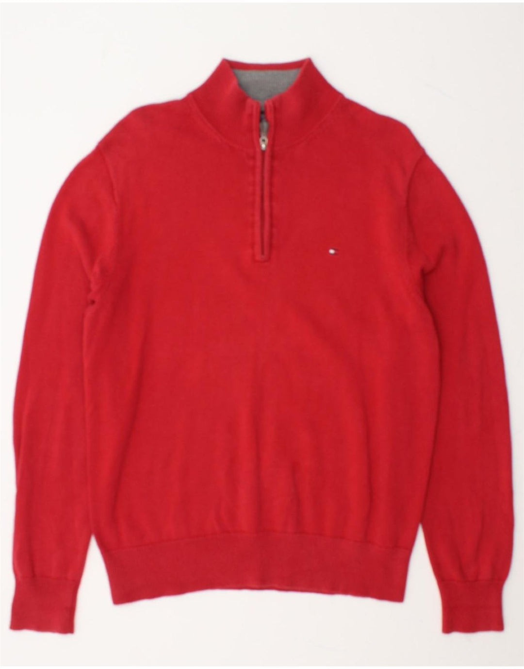 TOMMY HILFIGER Mens Zip Neck Jumper Sweater Medium Red Cotton Vintage Tommy Hilfiger and Second-Hand Tommy Hilfiger from Messina Hembry 