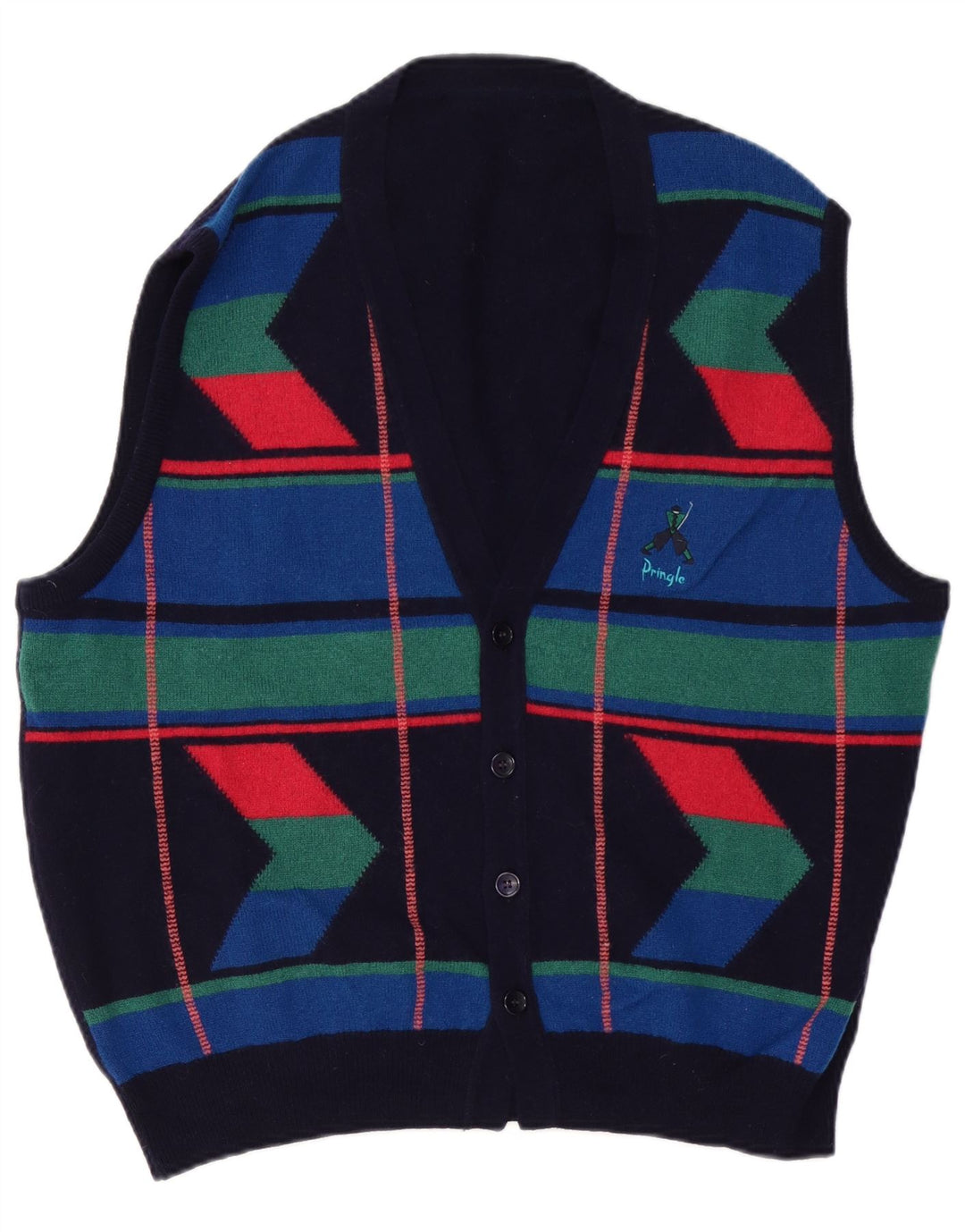 PRINGLE Maglione cardigan senza maniche da uomo XL Blu navy color block in lana vergine