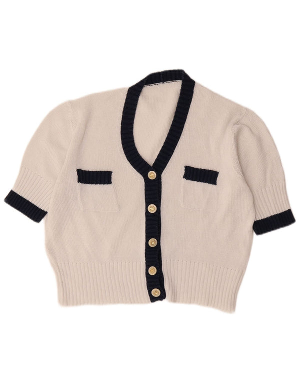 Maglione cardigan a maniche corte da donna vintage UK 12 Blocco colore bianco medio
