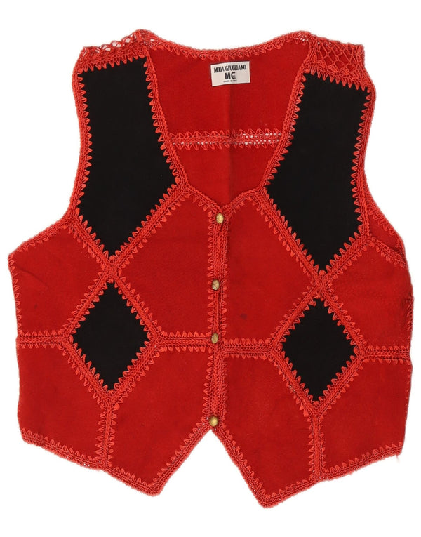 Gilet vintage da donna in pelle scamosciata corta UK 14 rosso medio geometrico