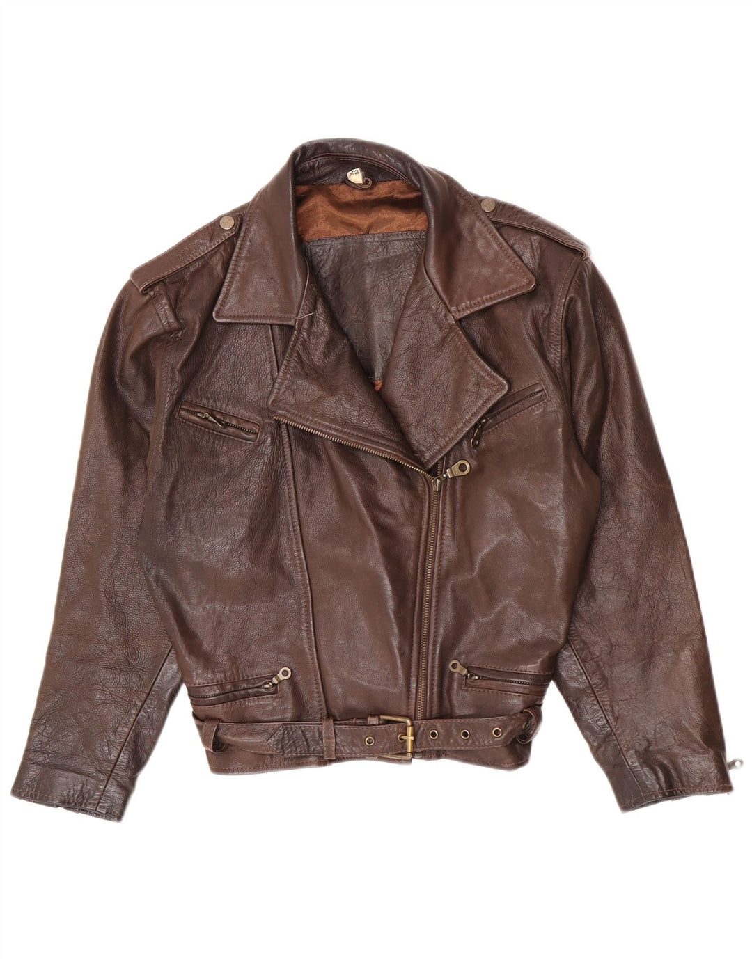 Giacca da motociclista in pelle oversize da donna vintage UK 6 XS in pelle marrone