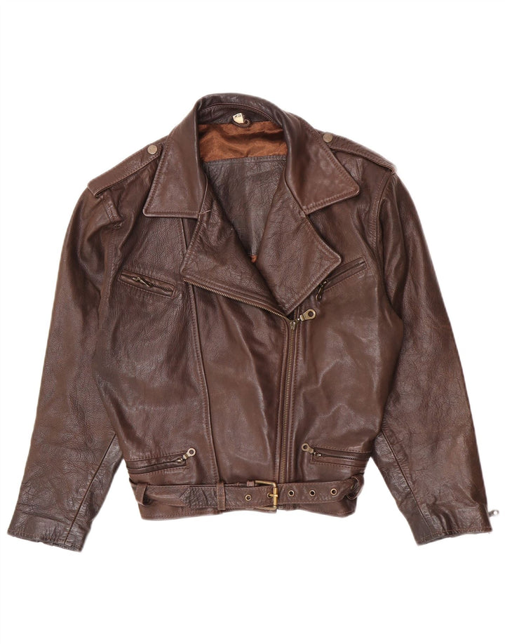 Giacca da motociclista in pelle oversize da donna vintage UK 6 XS in pelle marrone