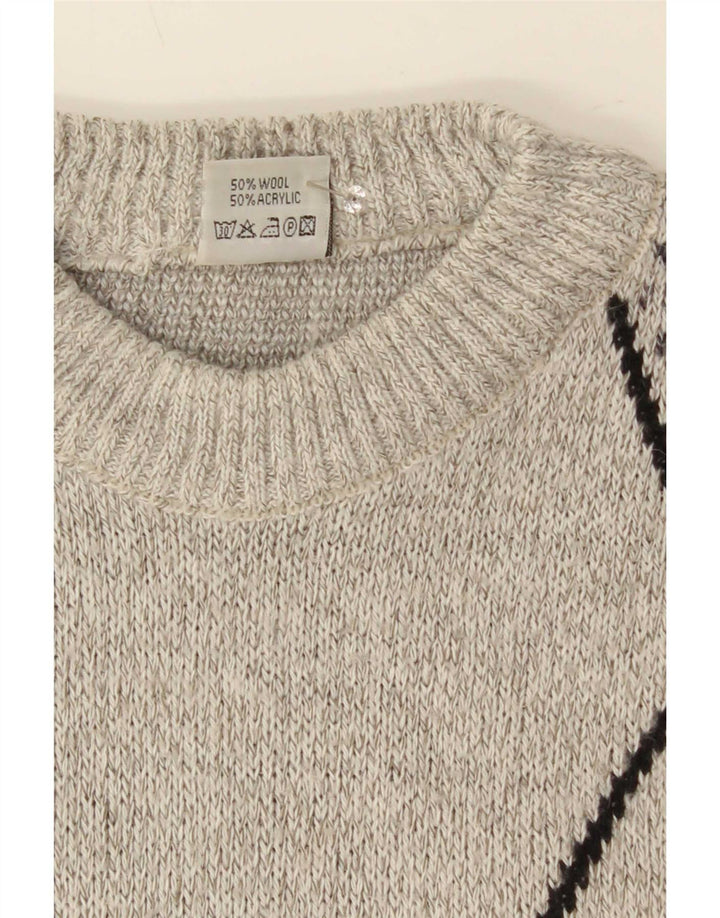 Maglione girocollo da uomo vintage in lana geometrica grigia grande