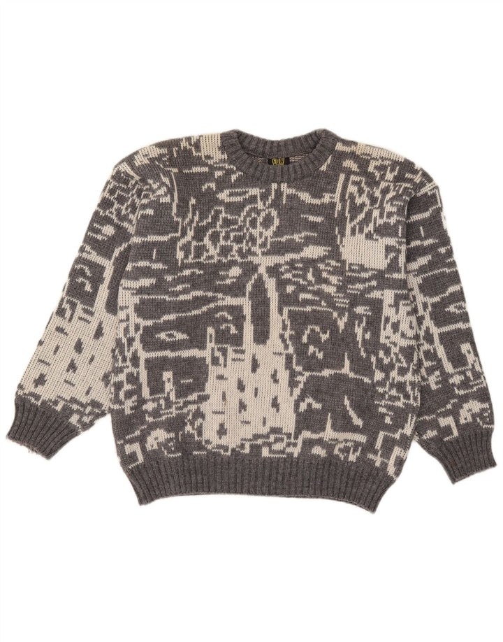 Maglione girocollo da uomo vintage con motivo astratto, girocollo, piccolo grigio