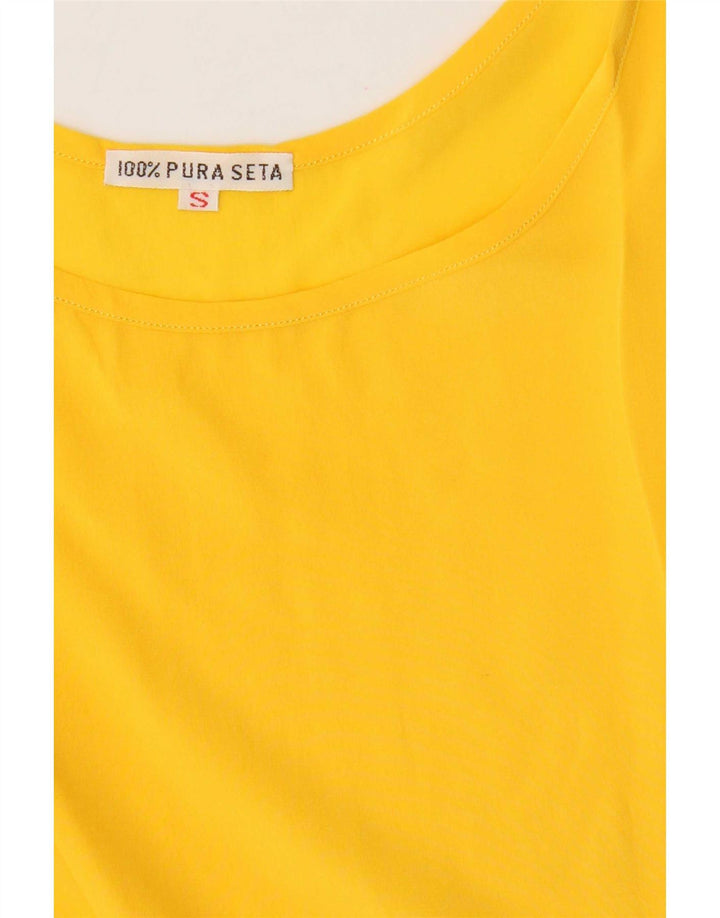 Top camicetta senza maniche vintage da donna UK 10 piccola seta gialla