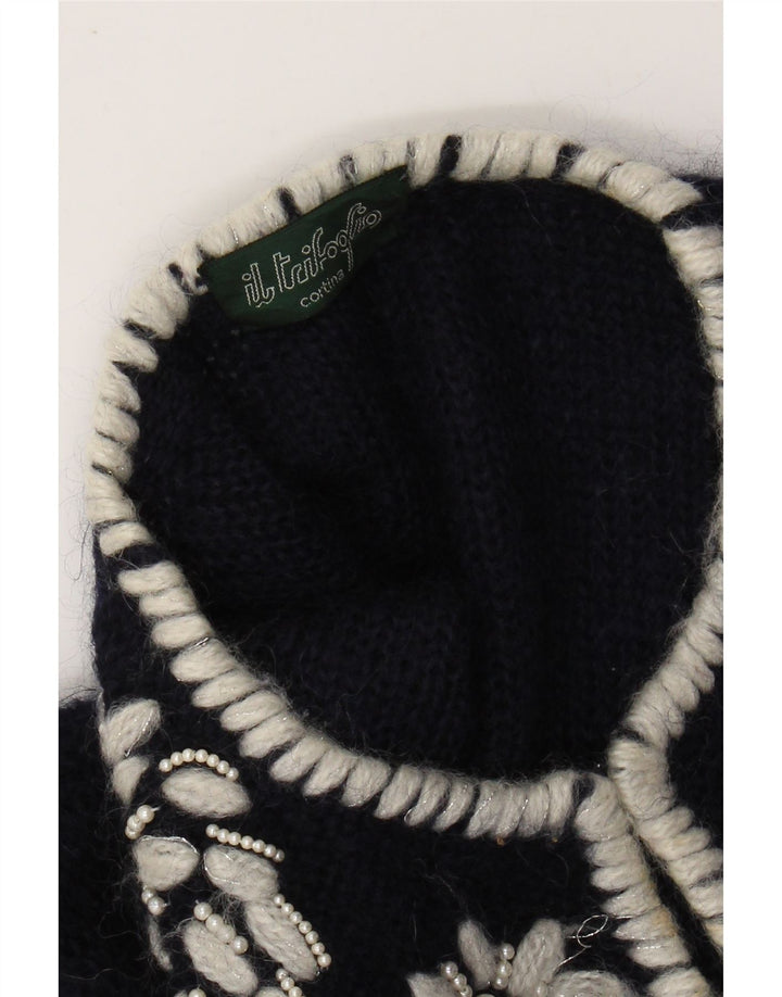 Maglione Bolero da donna VINTAGE a 1/2 manica UK 16 Grande floreale blu navy