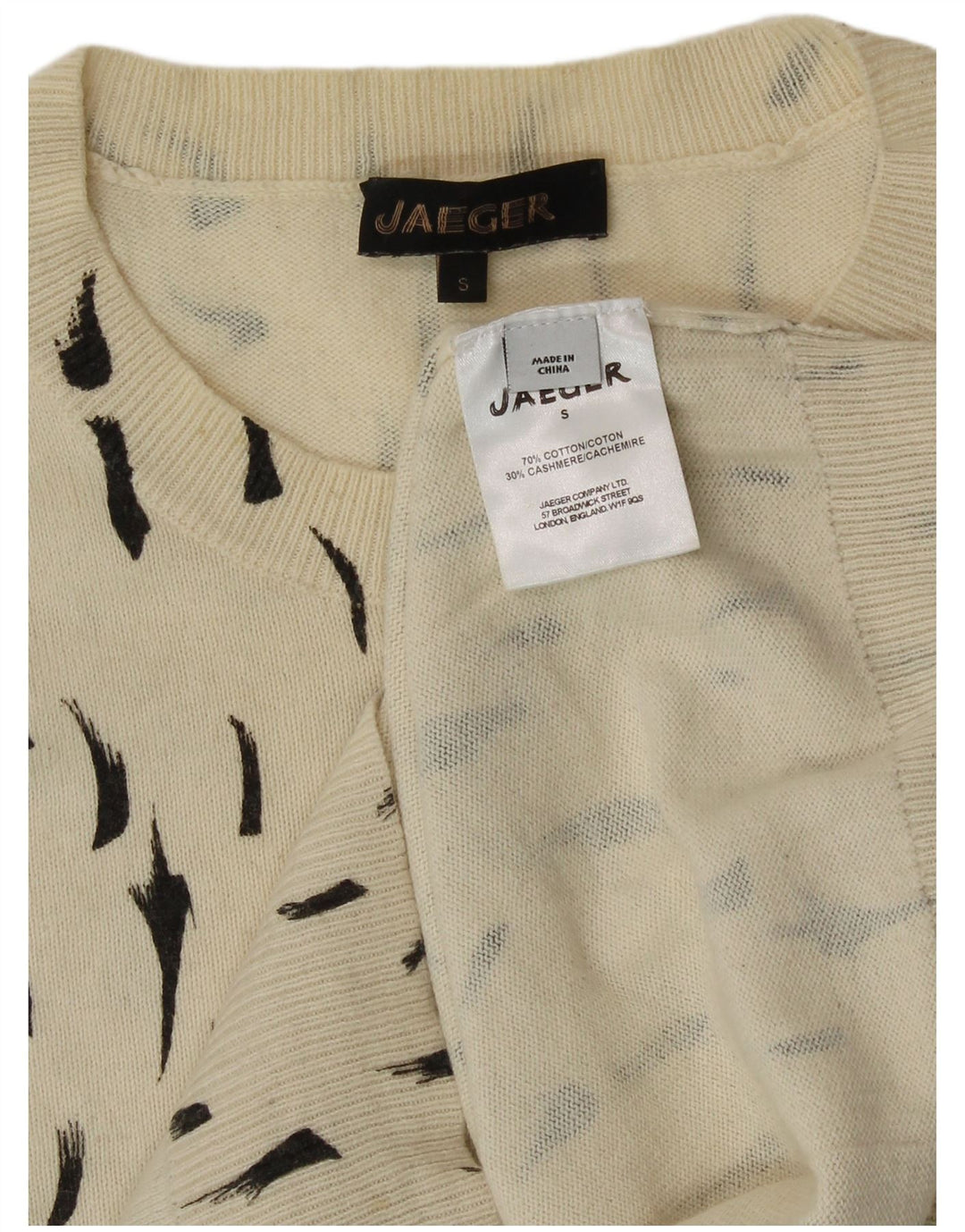 Maglione maglione girocollo da donna Jaeger UK 8 piccolo cotone maculato bianco sporco