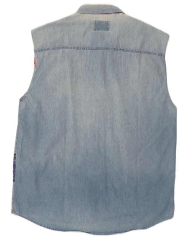 Camicia di jeans senza maniche da uomo Wampum grande patchwork blu