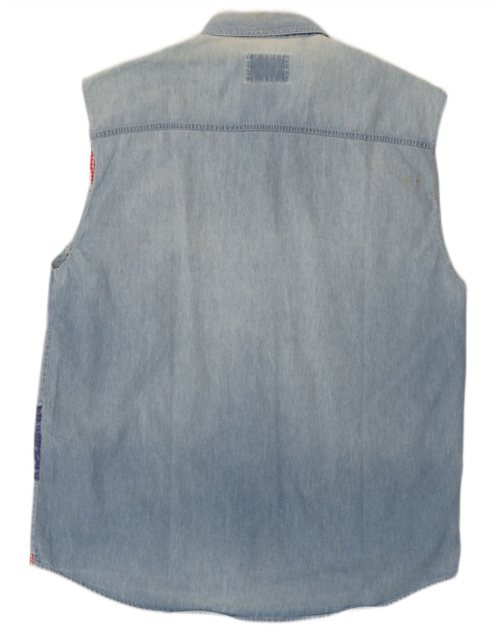 Camicia di jeans senza maniche da uomo Wampum grande patchwork blu