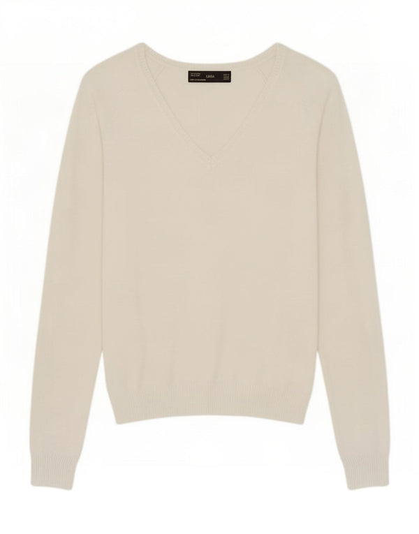 Maglione Zara da donna con scollo a V UK 12 cotone bianco medio