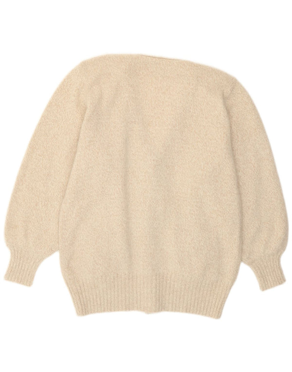 Maglione cardigan da donna vintage UK 14 Angora floreale beige grande