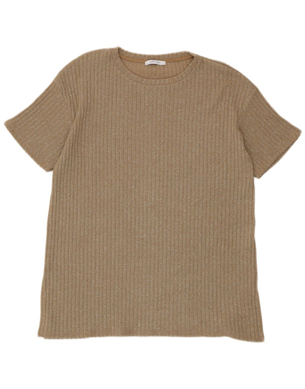 T-shirt Zara Trafaluc da donna UK 16 grande poliestere chiazzato marrone