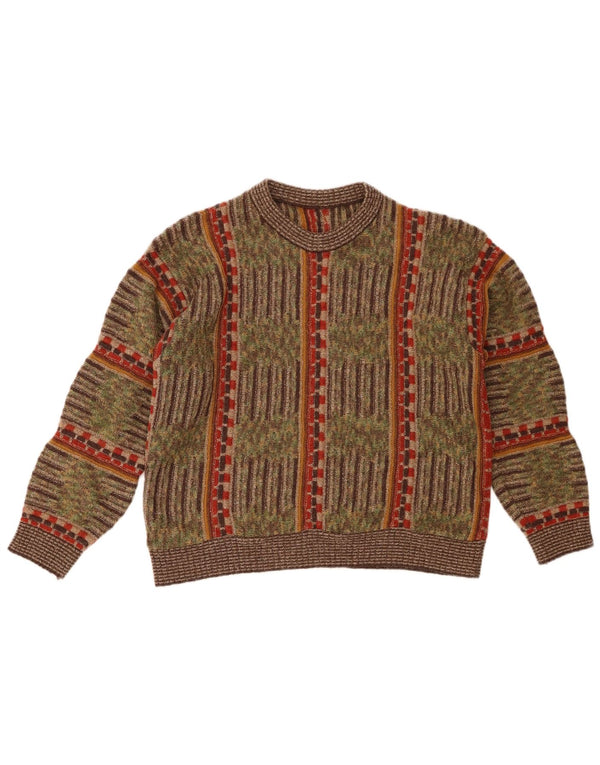 Maglione maglione girocollo da donna vintage UK 16 a righe grandi color kaki