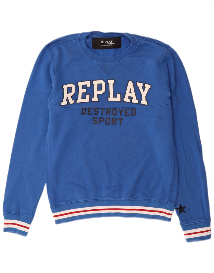 Felpa grafica da uomo Replay, maglione, cotone blu medio