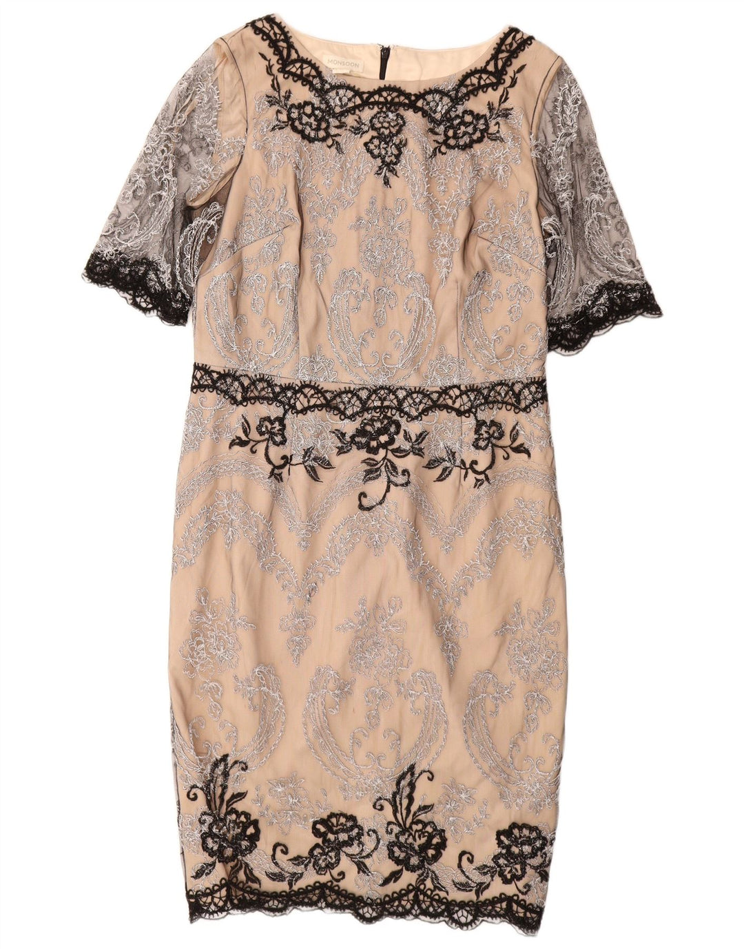MONSOON Abito tubino in pizzo da donna UK 14 Grande nylon Paisley beige