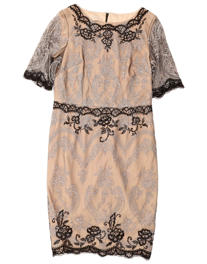 MONSOON Abito tubino in pizzo da donna UK 14 Grande nylon Paisley beige