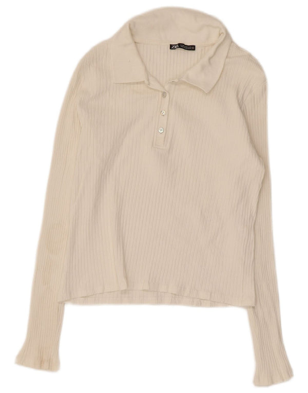 Polo corta a maniche lunghe da donna Zara UK 18 XL cotone bianco
