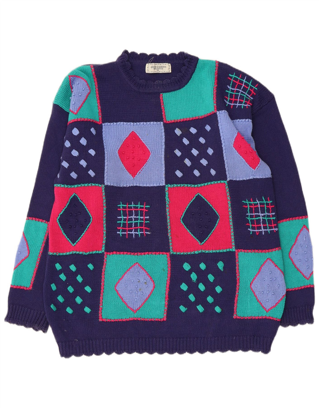 Maglione maglione girocollo da donna VINTAGE UK 14 Patchwork medio blu navy