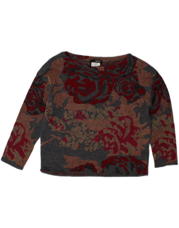 LIU JO Womens Crop Top 3/4 Sleeve UK 12 Medium Grey Floral
