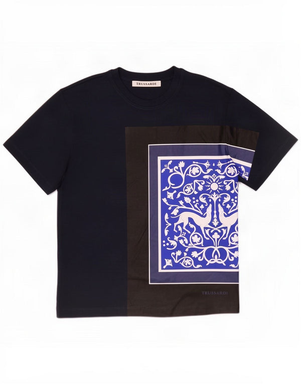 Trussardi Mens Graphic T-Shirt Top Small Navy Blue Paisley Cotton