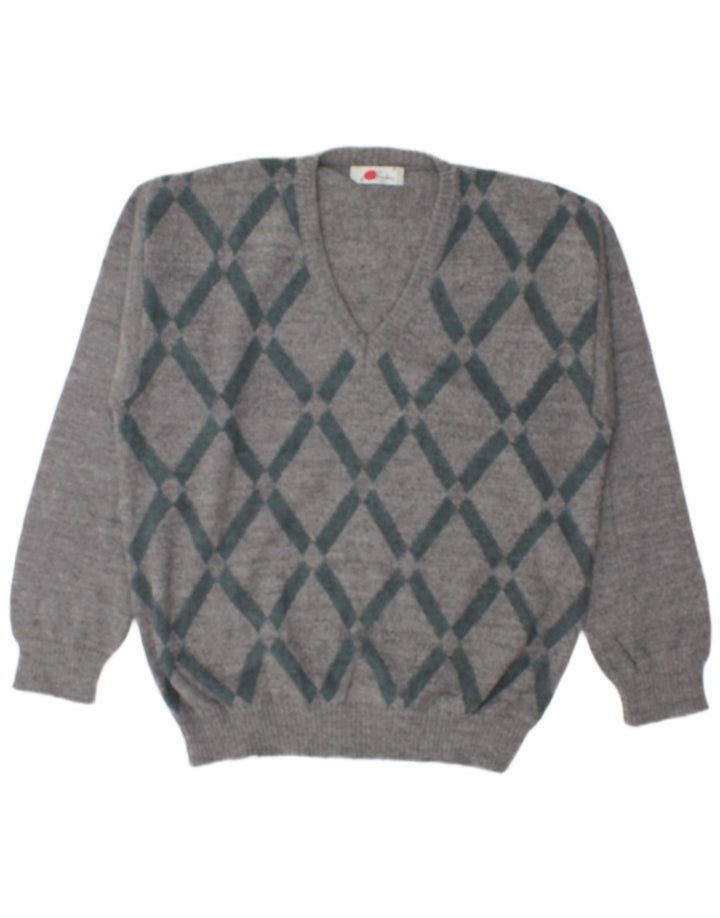 RODES Maglione da uomo con scollo a V grande grigio a rombi/lana diamante
