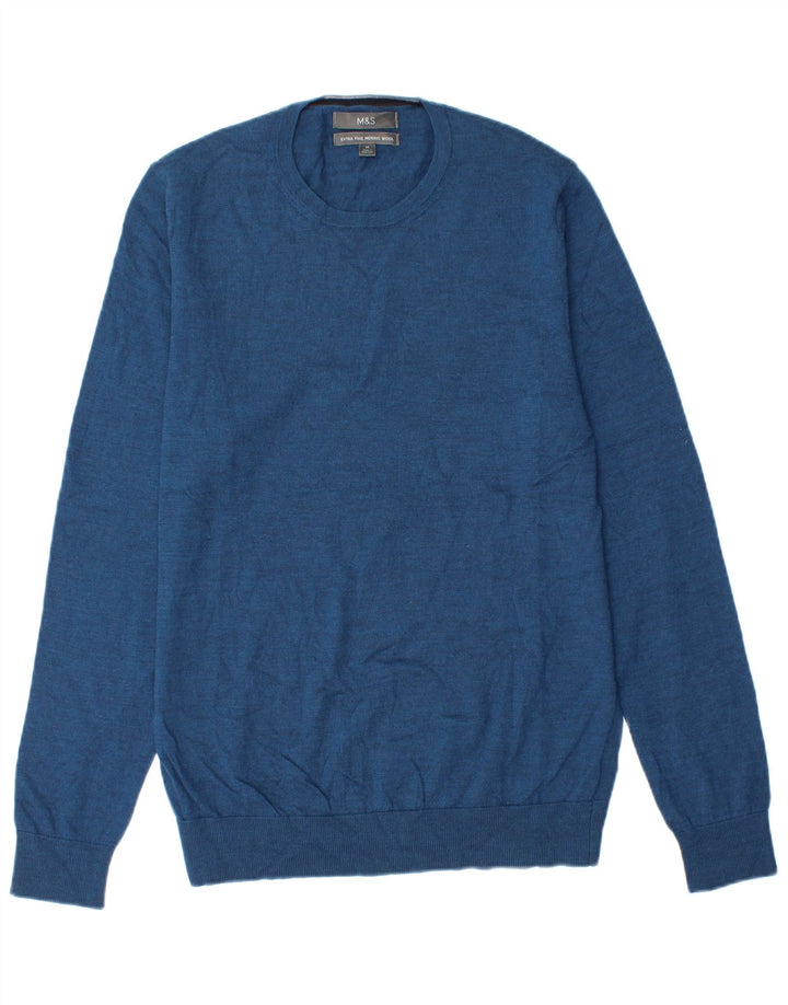 Maglione maglione girocollo da uomo Marks & Spencer blu medio in lana merino