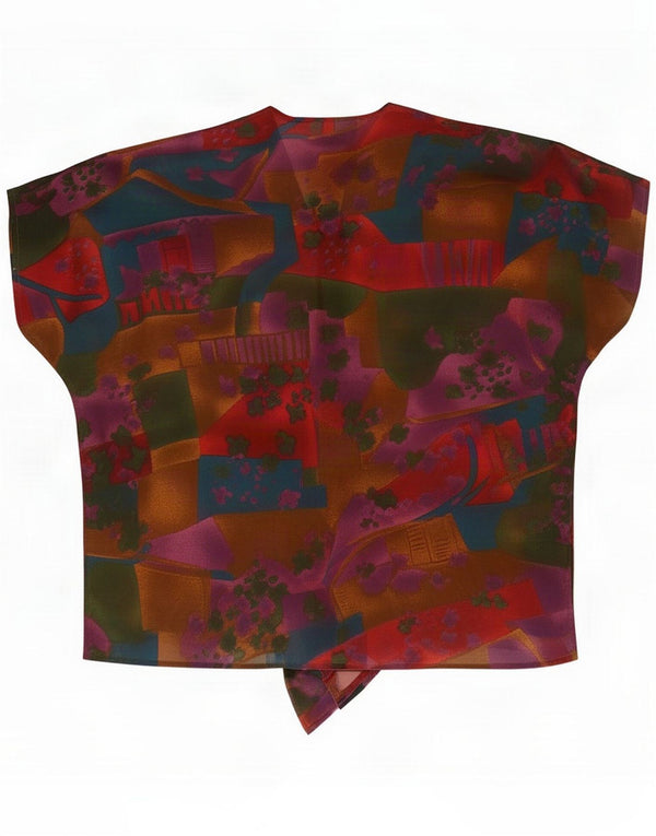 Camicetta vintage da donna a maniche corte avvolgente UK 16 grande rossa geometrica