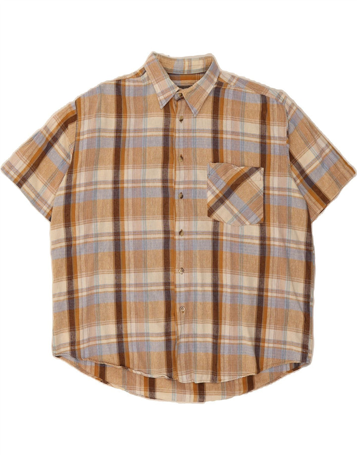 PREGO Mens Short Sleeve Shirt Large Brown Check Cotton Vintage Prego and Second-Hand Prego from Messina Hembry 