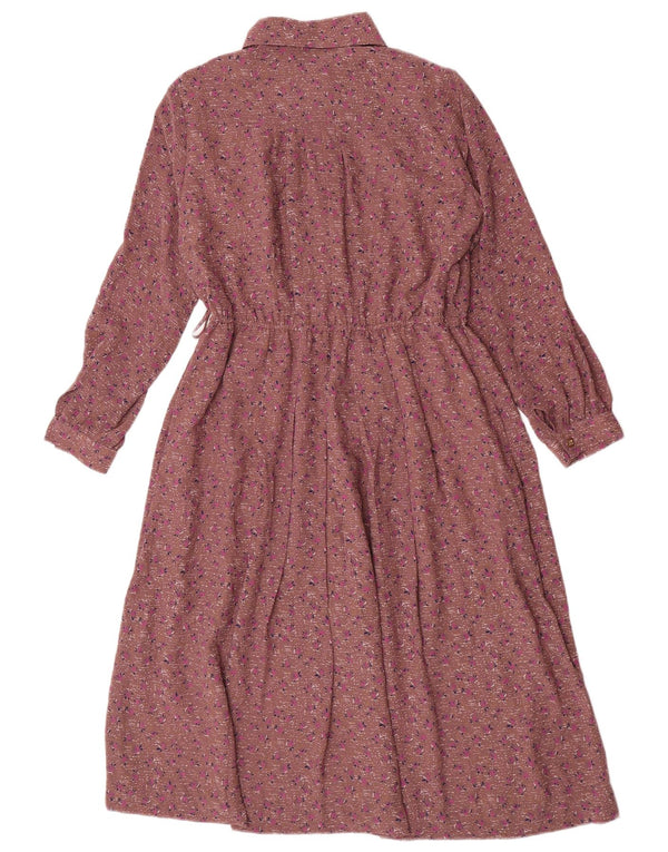 Abito camicia vintage da donna maxi pullover UK 12 marrone medio floreale