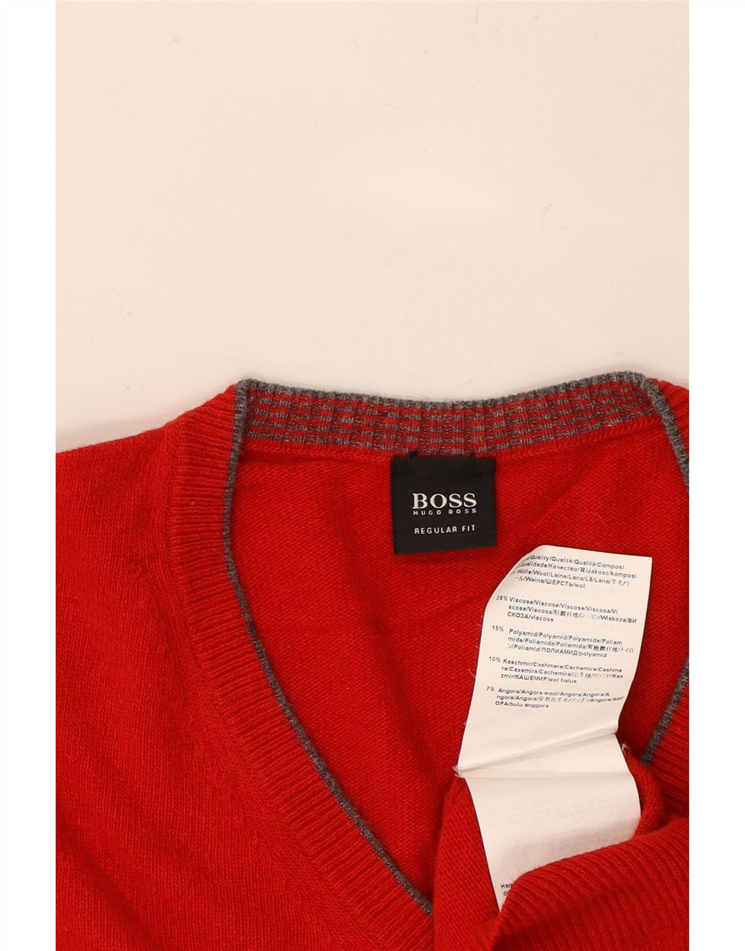 HUGO BOSS Mens Regular Fit V-Neck Jumper Sweater Medium Red Wool Vintage Hugo Boss and Second-Hand Hugo Boss from Messina Hembry 