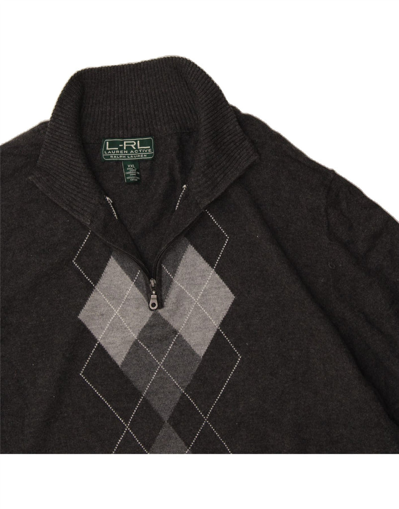 RALPH LAUREN Mens Zip Neck Jumper Sweater 2XL Grey Argyle/Diamond Cotton Vintage Ralph Lauren and Second-Hand Ralph Lauren from Messina Hembry 