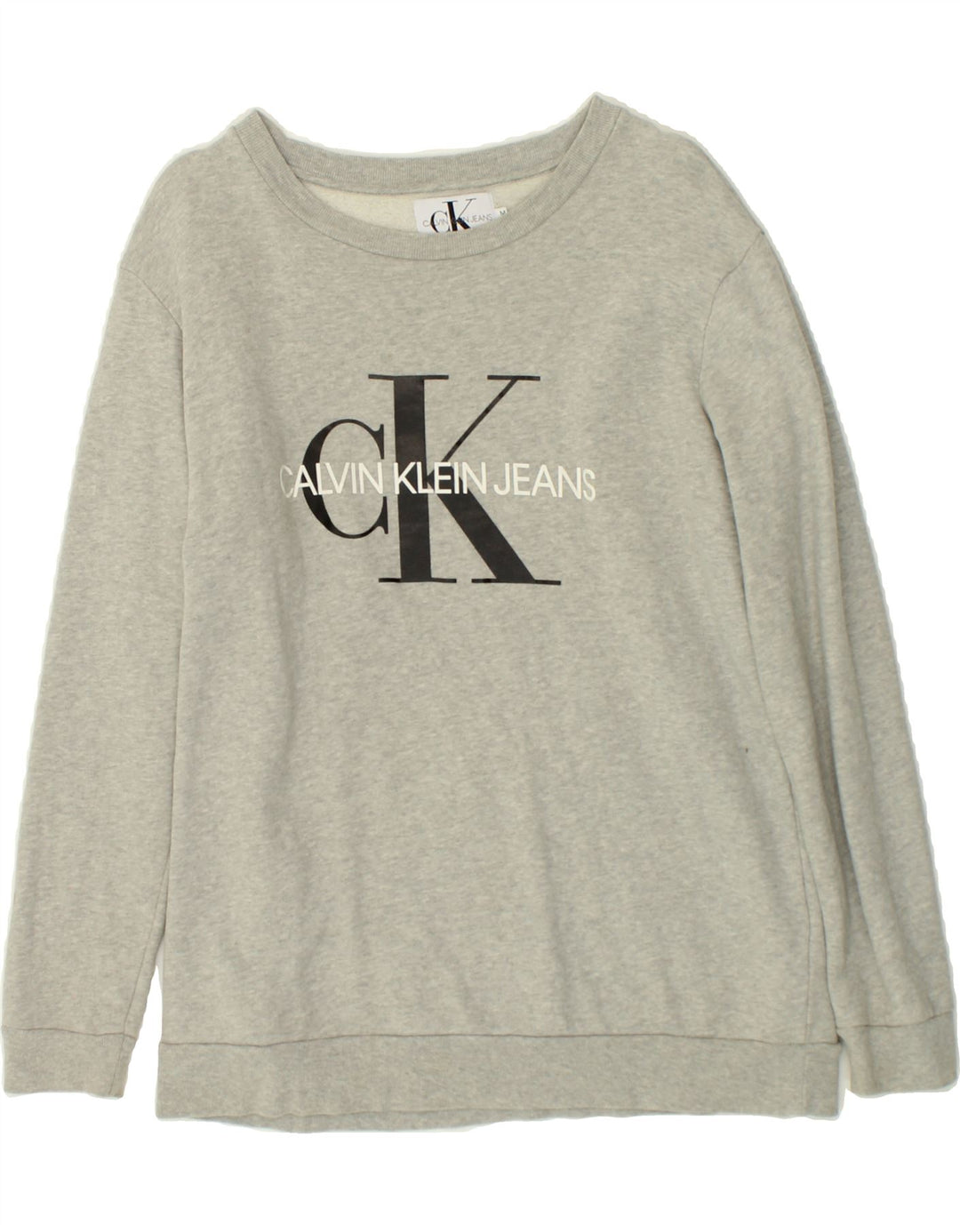 CALVIN KLEIN JEANS Womens Graphic Sweatshirt Jumper UK 14 Medium Grey Vintage Calvin Klein Jeans and Second-Hand Calvin Klein Jeans from Messina Hembry 