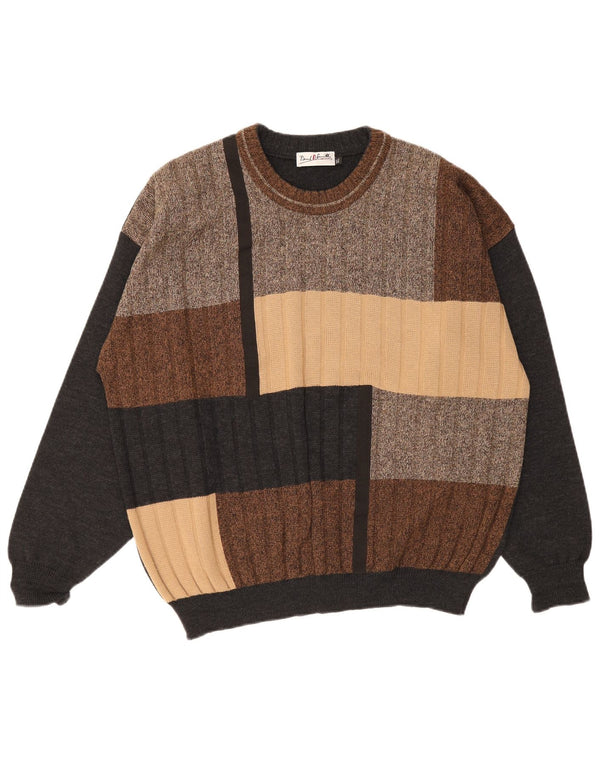 Vintage Mens Crew Neck Jumper Sweater XL Multicoloured Colourblock Wool