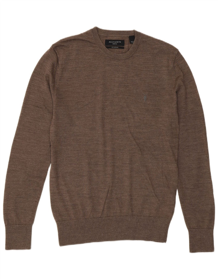 Maglione da uomo girocollo All Saints in lana merino marrone medio