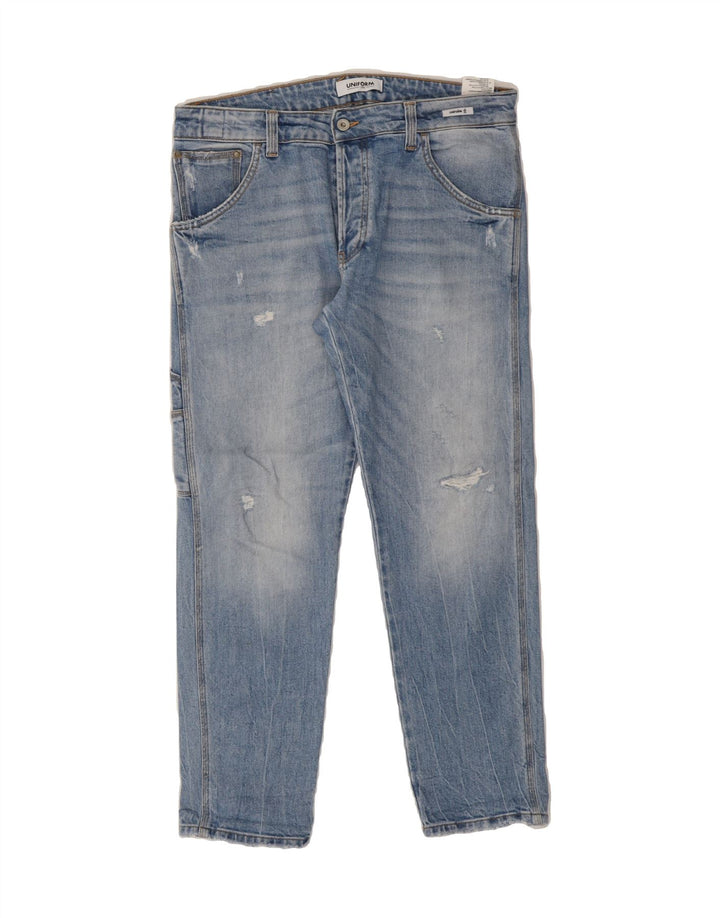 UNIFORM Mens Workwear Distressed Tapered Jeans W32 L30 Blue Cotton Vintage Uniform and Second-Hand Uniform from Messina Hembry 