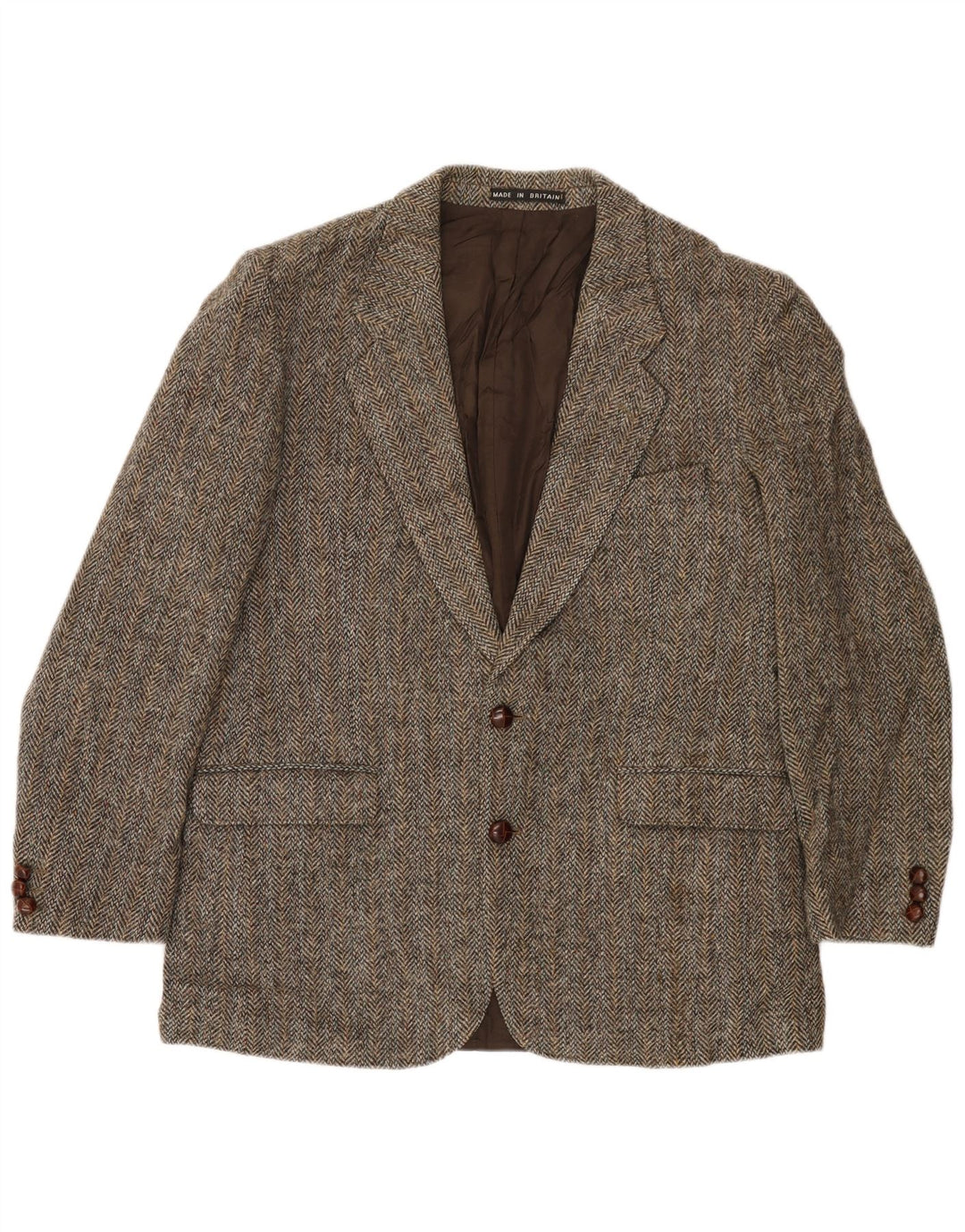 Giacca blazer da uomo a 2 bottoni Harris Tweed UK 40 grande lana a spina di pesce marrone
