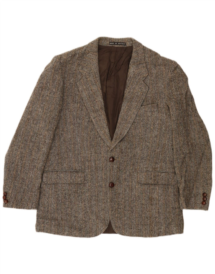 Giacca blazer da uomo a 2 bottoni Harris Tweed UK 40 grande lana a spina di pesce marrone
