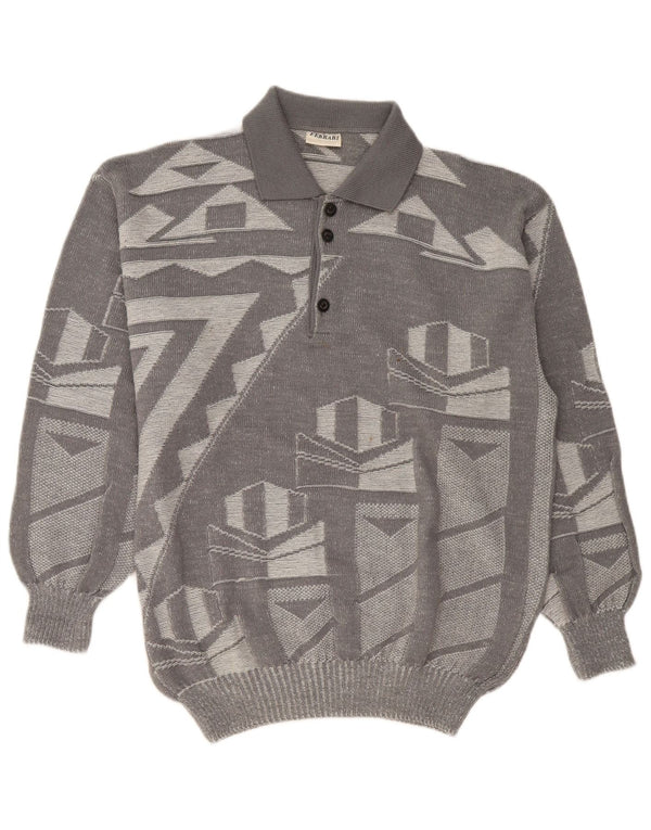 Maglione Ferrari da uomo con collo a polo XL in lana geometrica grigia