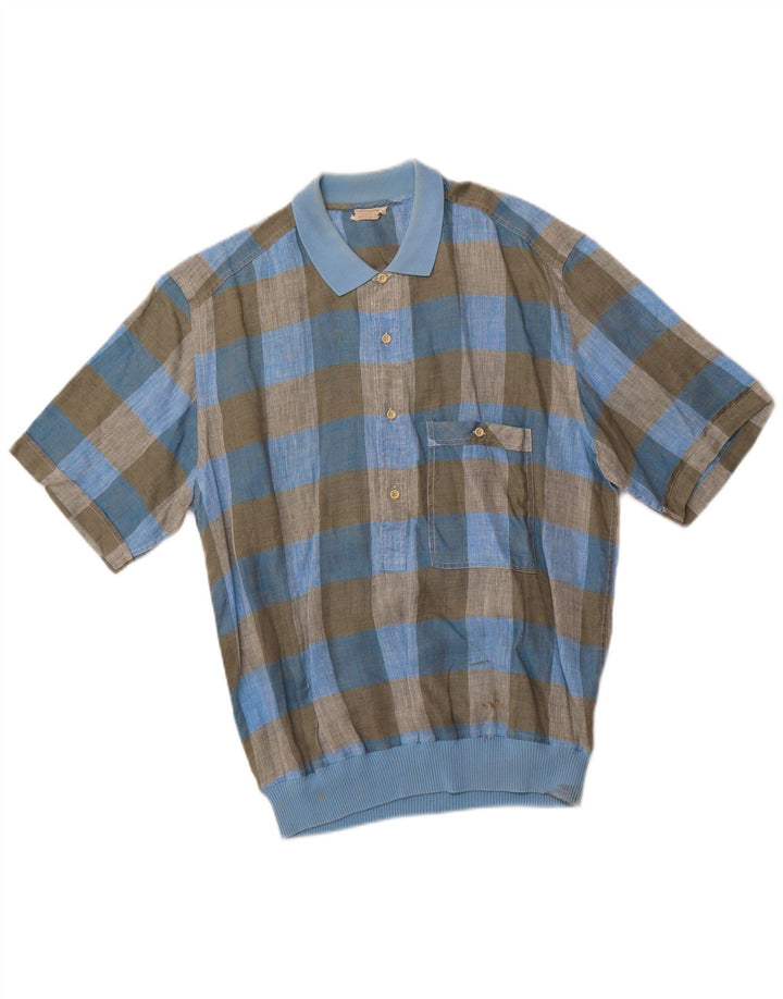 Camicia pullover a maniche corte da uomo VINTAGE IT 48 Lino a quadri blu medio